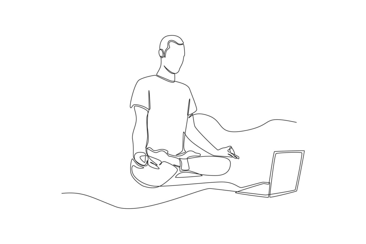 Single one line drawing Man having yoga course online via laptop at home. Virtually concept. Continuous line draw design graphic vector illustration.