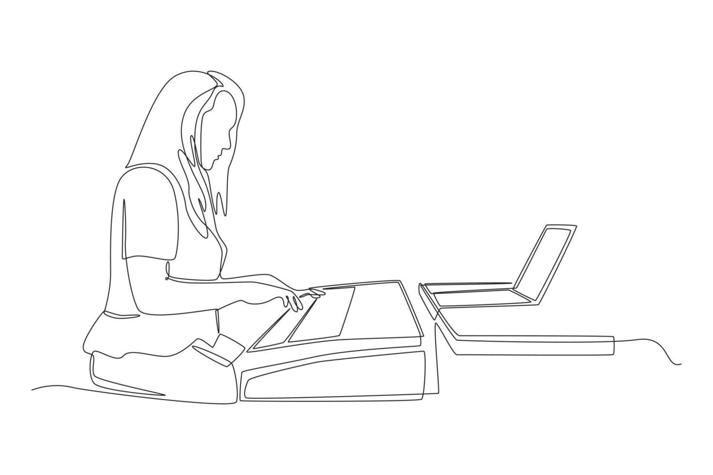 Single one line drawing Girl sitting playing piano with video on laptop during online learning from home. Virtually concept. Continuous line draw design graphic vector illustration.