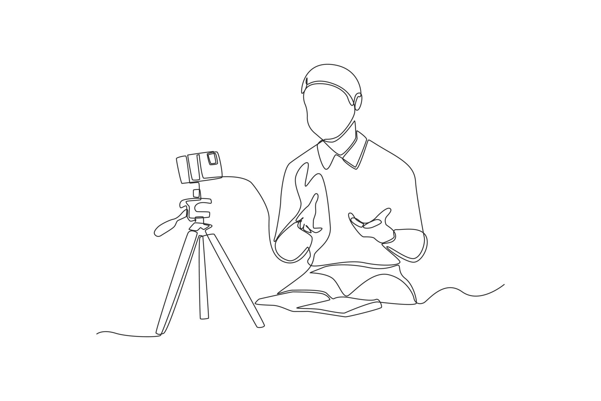 Single one line drawing young boy sharing experience by smartphone