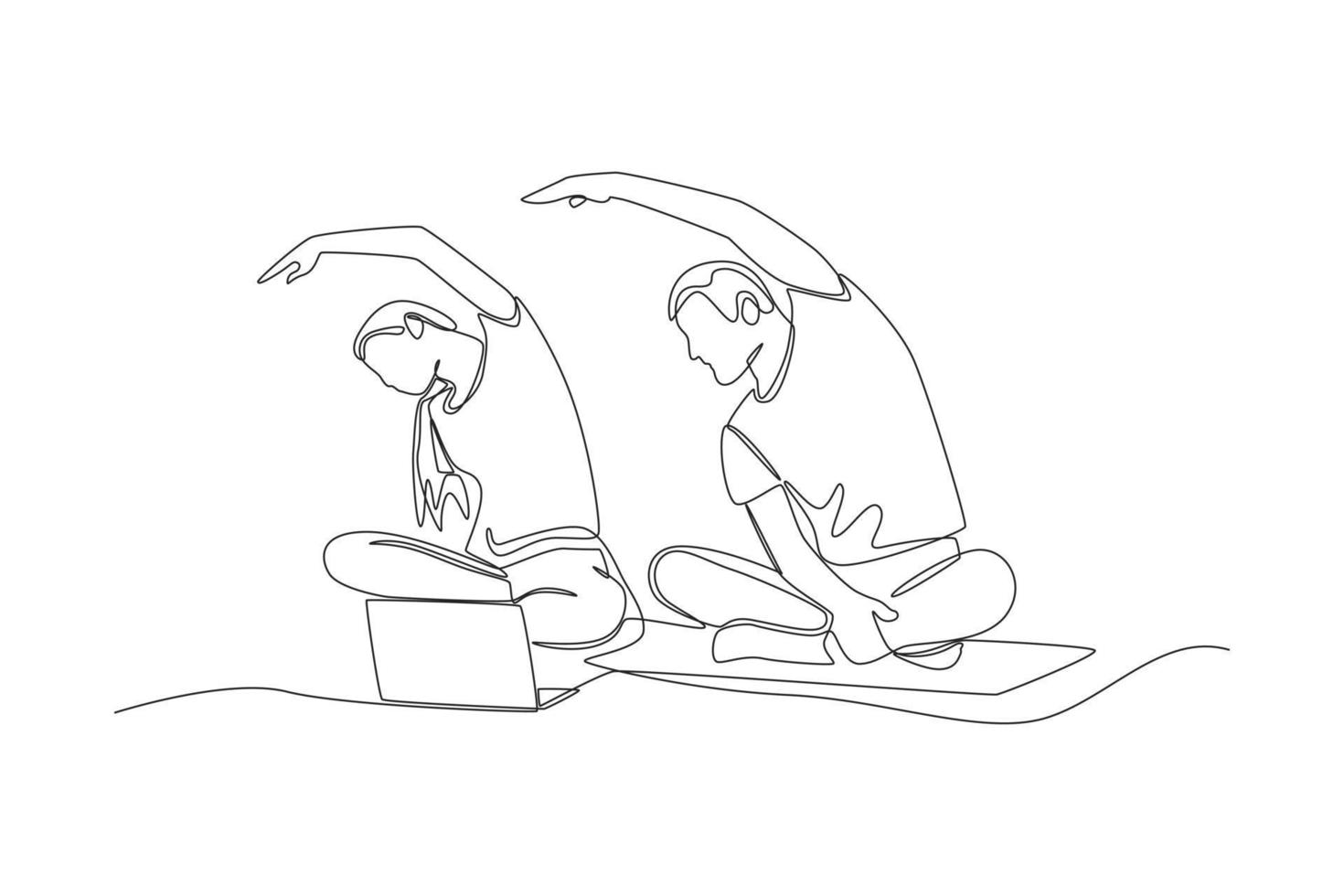 Single one line drawing couple doing yoga course online via laptop at home. Virtually concept. Continuous line draw design graphic vector illustration.