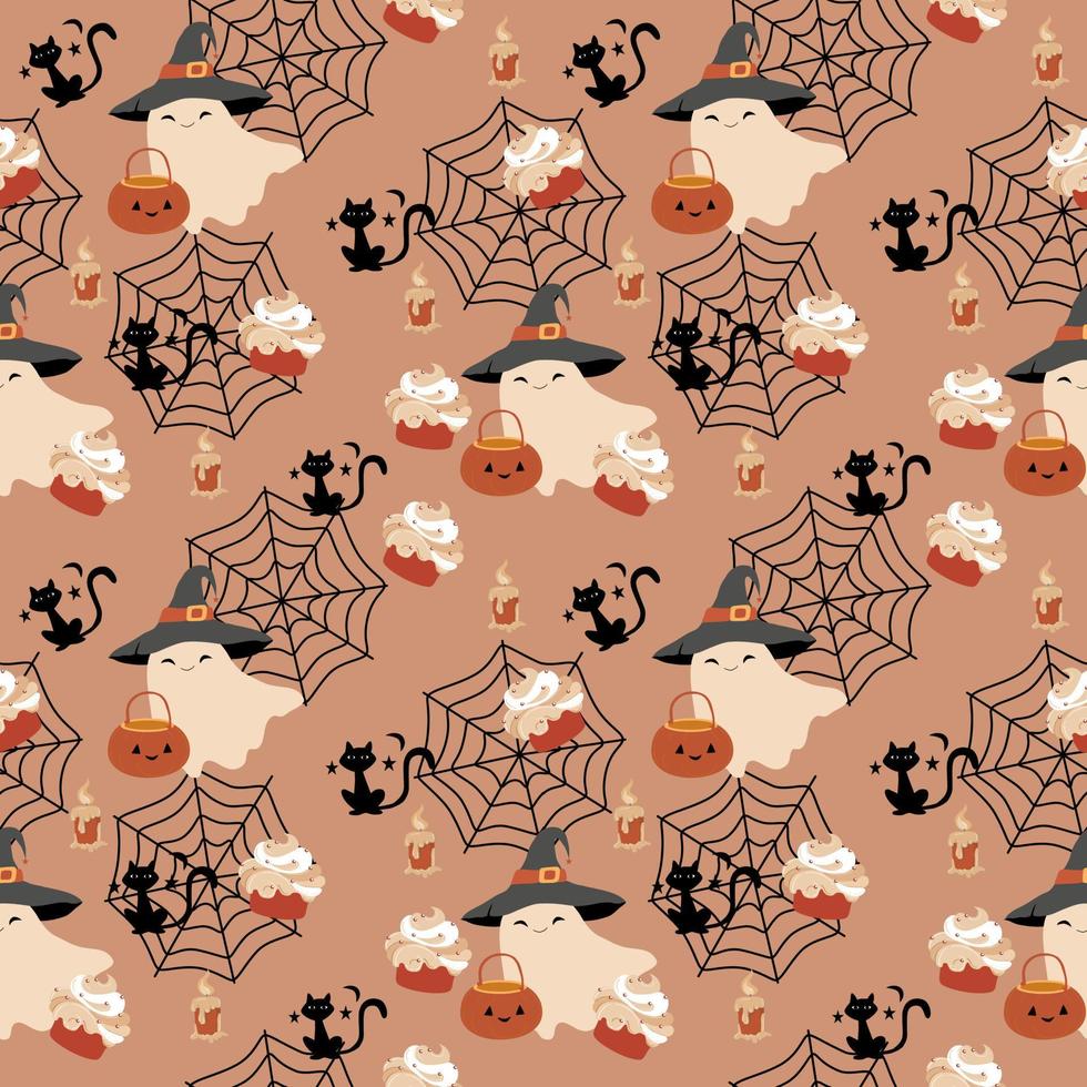 Halloween flat seamless pattern, sweet orange color background, white ghost sheet with black witch hat, black cat, spider web, star,  haft moon, pumpkin pot, Halloween candle and cupcakes. vector