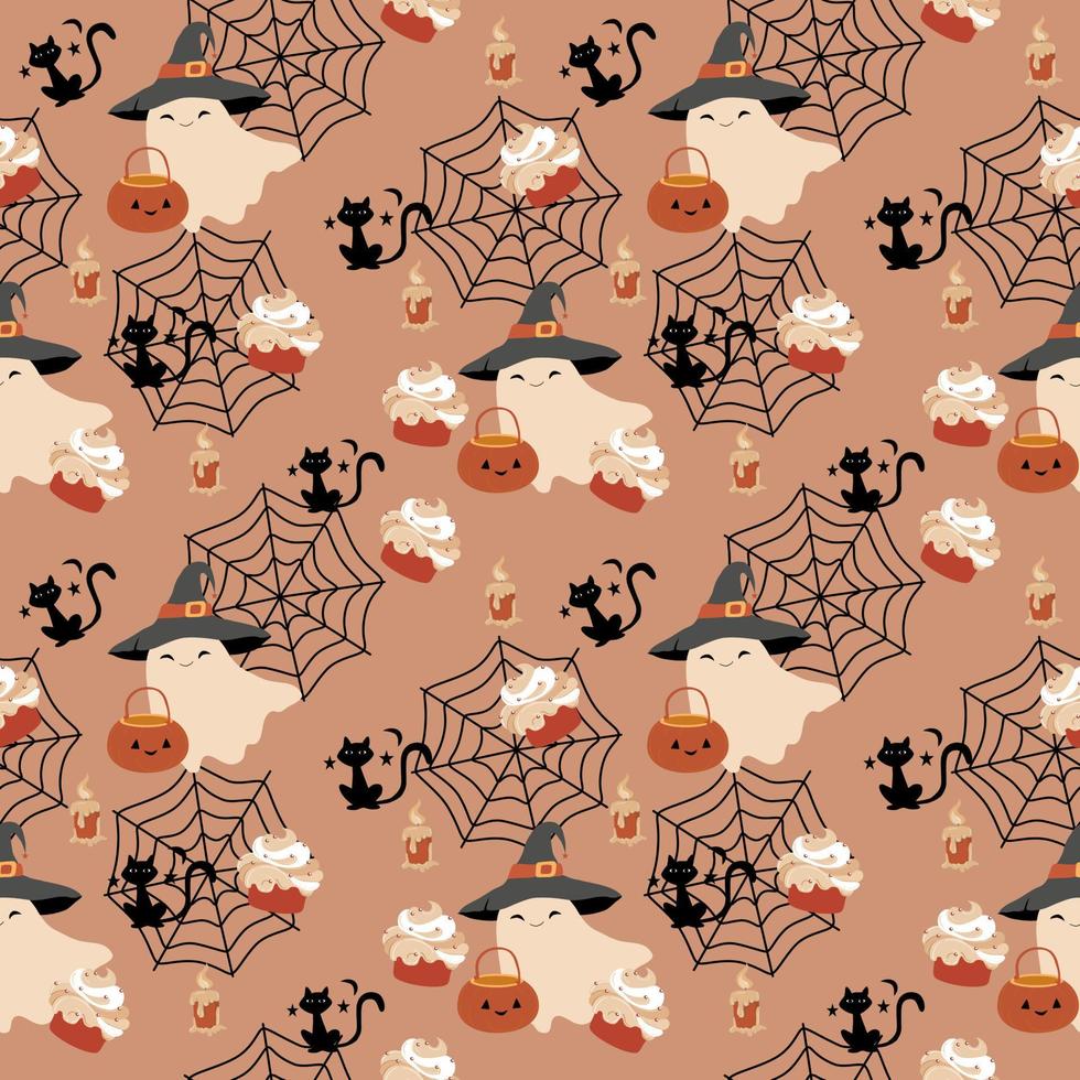 patrón plano sin fisuras de halloween, fondo de color naranja dulce, hoja fantasma blanca con sombrero de bruja negro, gato negro, telaraña, estrella, luna de haft, olla de calabaza, vela de halloween y cupcakes. vector