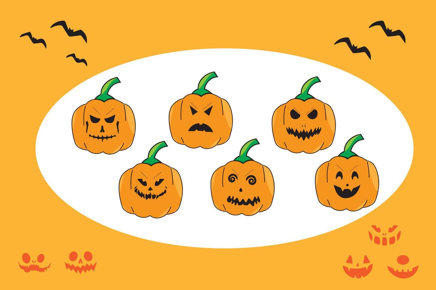 linterna de calabaza malvada para halloween. espeluznante elemento de diseño de calabaza aterradora para halloween. conjunto de ilustraciones planas vectoriales de cabezas de calabaza icono diseño simple aislado en fondo naranja con patrón de murciélago vector