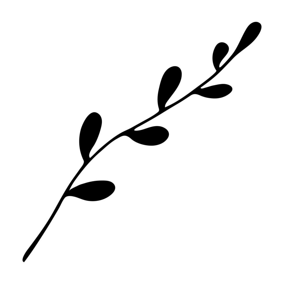 Willow branch vector icon. Black silhouette of a twig with leaves. Hand drawn illustration isolated on white. A wild forest plant, a sprig of a tree. Clipart for cards, cosmetics, logo, web, print