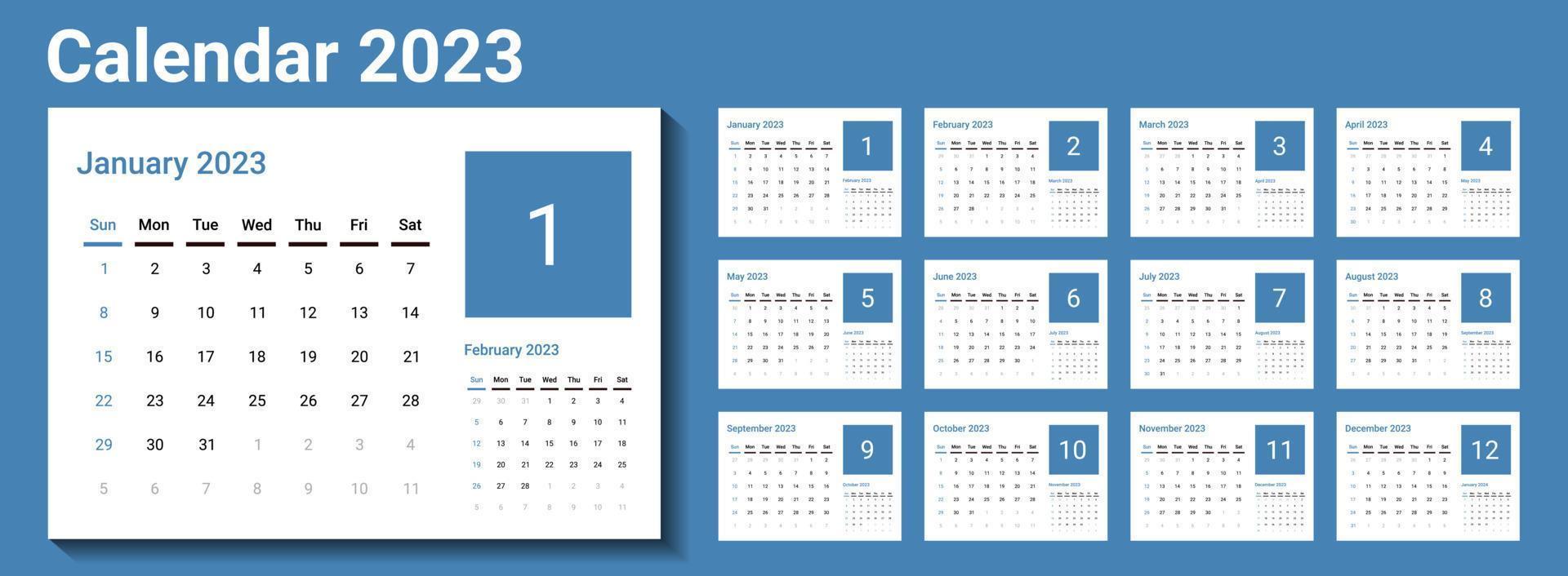 Calendario 2023 con diseño simple y calendario del próximo mes en cada página. Calendario de escritorio 2023 con inicio de semana el domingo. Domingo como fin de semana. Calendario 2023. Bueno para registro diario, negocios, horario, planificador, etc. vector