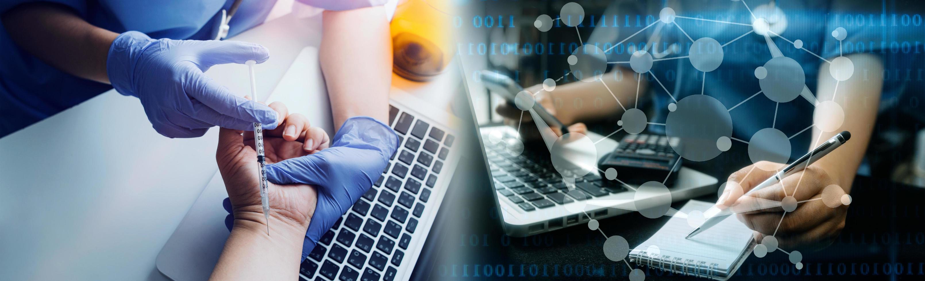 Medicine doctor hand working on a patients x-ray scans digital healthcare and connection with modern virtual screen interface icons, Medical technology and network concept. photo
