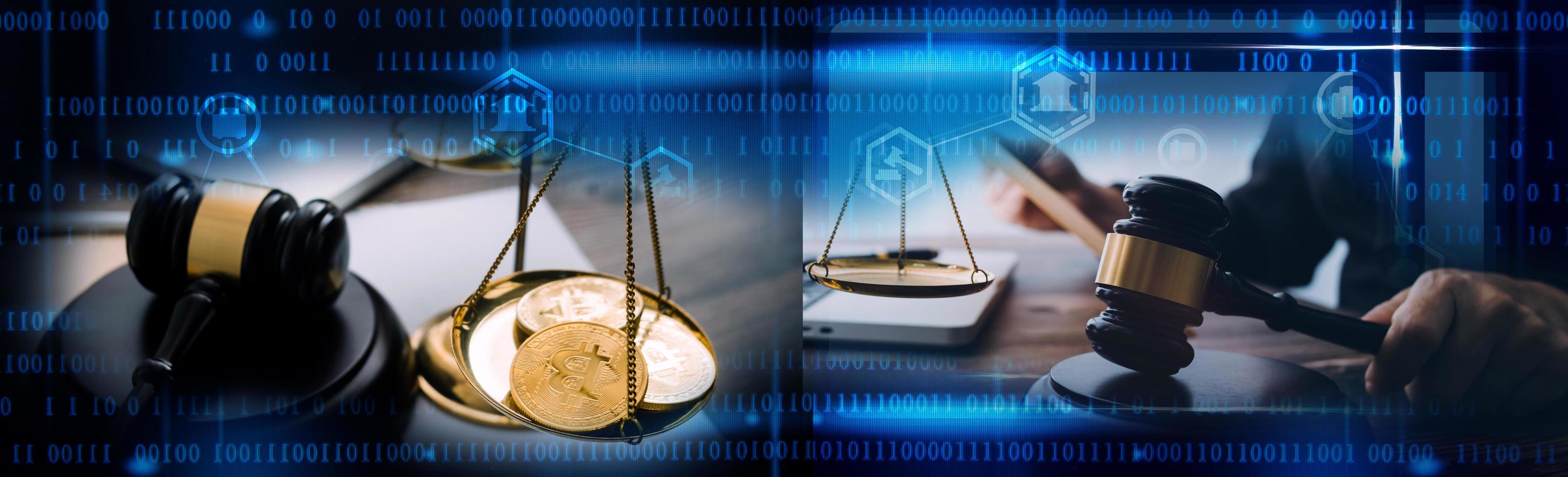 Business and lawyers discussing contract papers with brass scale on desk in office. Law, legal services, advice, justice and law concept picture with film grain effect photo