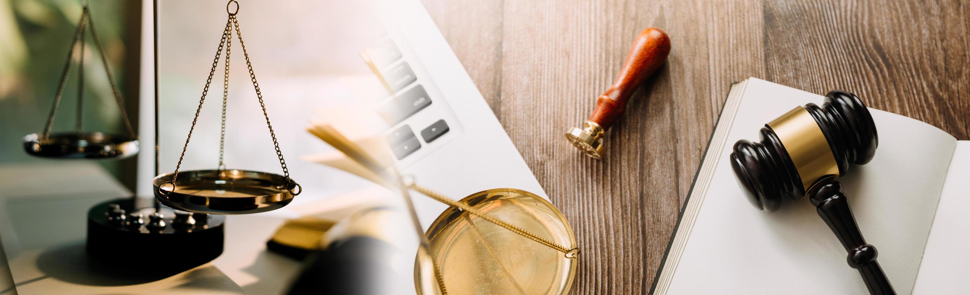 Business and lawyers discussing contract papers with brass scale on desk in office. Law, legal services, advice, justice and law concept picture with film grain effect photo