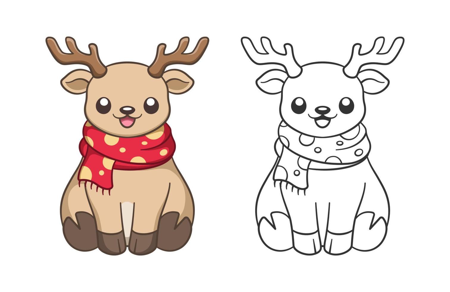 Cute happy reindeer wearing a polka dot scarf outline and colored doodle animal cartoon illustration set. Winter wildlife Christmas theme coloring book page activity for kids and adults. vector