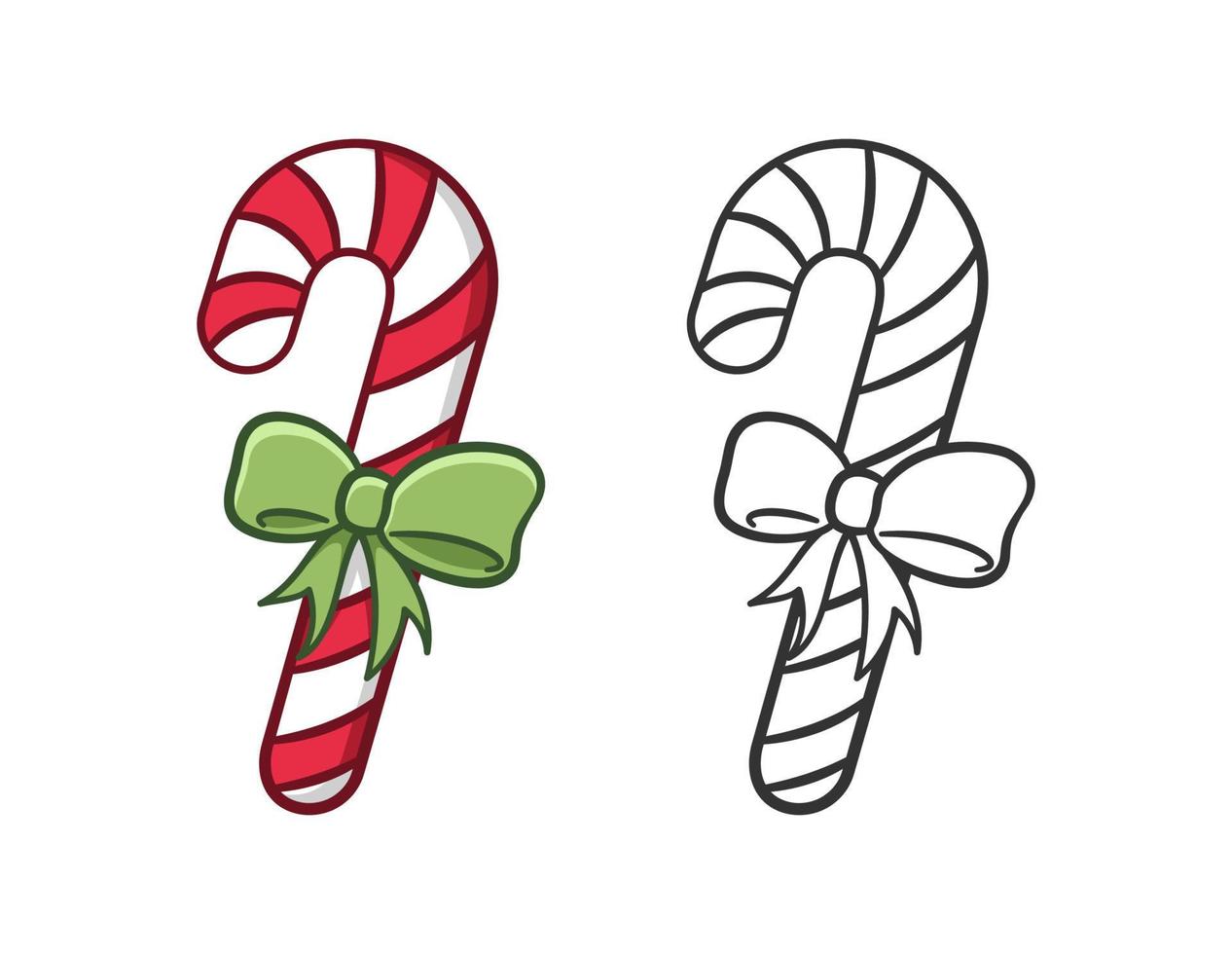 Peppermint candy cane with ribbon outline and colored doodle cartoon illustration set. Winter Christmas theme coloring book page activity worksheet for kids vector