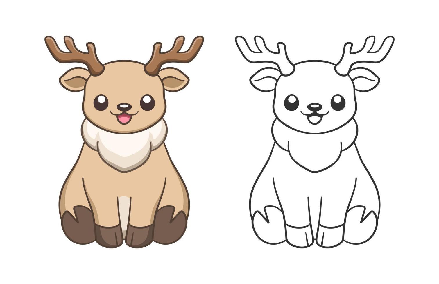Cute happy chibi style sitting reindeer with antlers animal outline and colored doodle cartoon illustration set. Winter Christmas theme coloring book page activity for kids and adults. vector