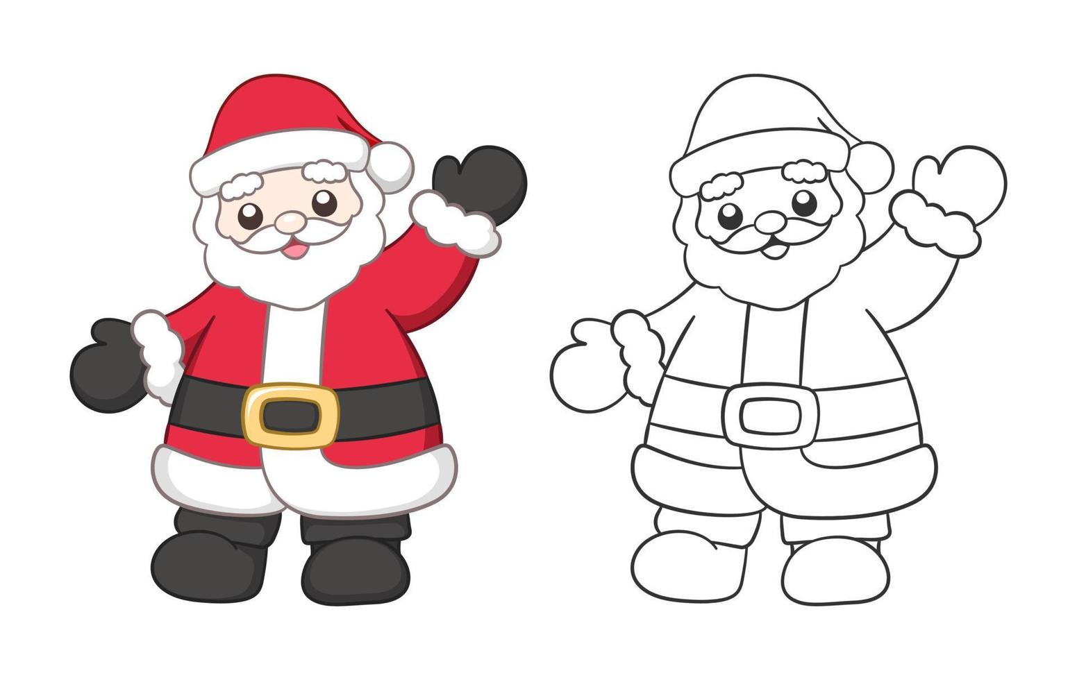 Cute happy Santa Claus waving outline and colored cartoon illustration set. Father Christmas, Kris Kringle, Saint Nick. Winter Christmas theme coloring book page activity for kids and adults. vector