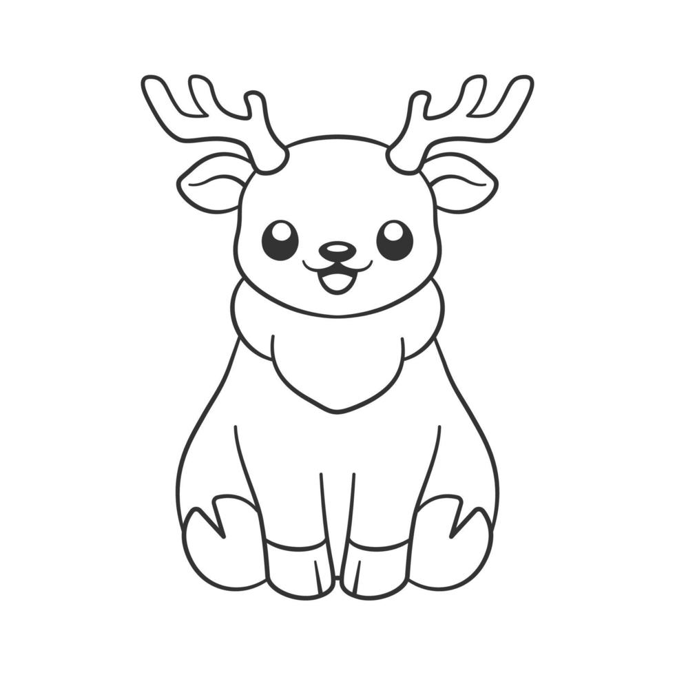 Cute happy chibi style sitting reindeer with antlers animal outline doodle cartoon illustration. Winter wildlife Christmas theme coloring book page activity for kids and adults. vector