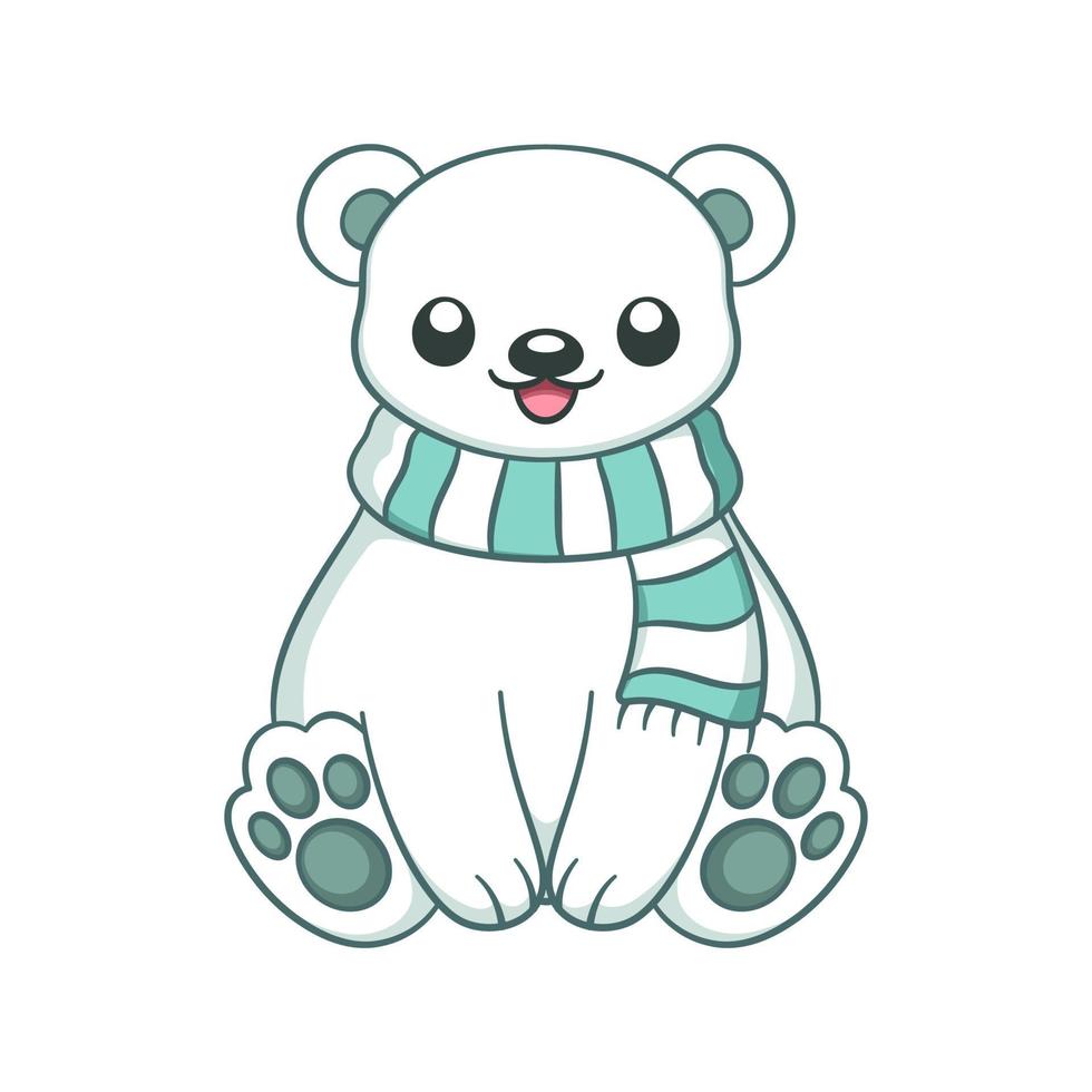 Cute chibi snow polar bear wearing a scarf animal cartoon illustration. Winter wildlife Christmas theme clip art. vector