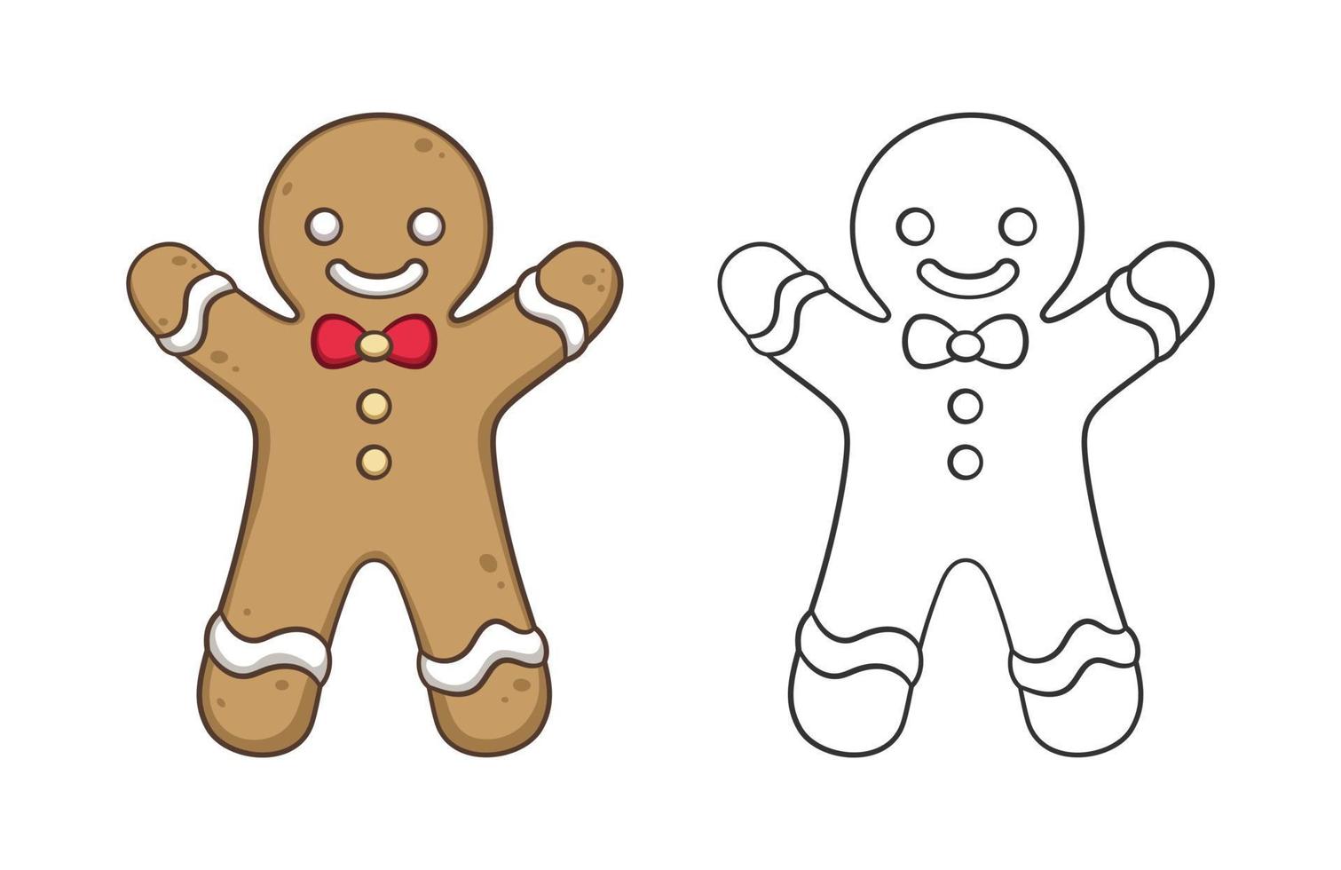 Cute gingerbread man with a bow tie outline and colored doodle cartoon illustration set. Winter Christmas theme coloring book page activity for kids and adults. vector