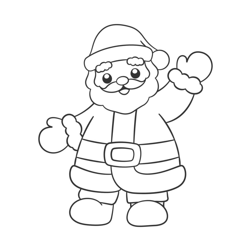 lindo, feliz, santa claus, ondulación, caricatura, contorno, garabato, illustration. papá noel, kris kringle, san nick. actividad de la página del libro de colorear del tema navideño de invierno para niños y adultos. vector