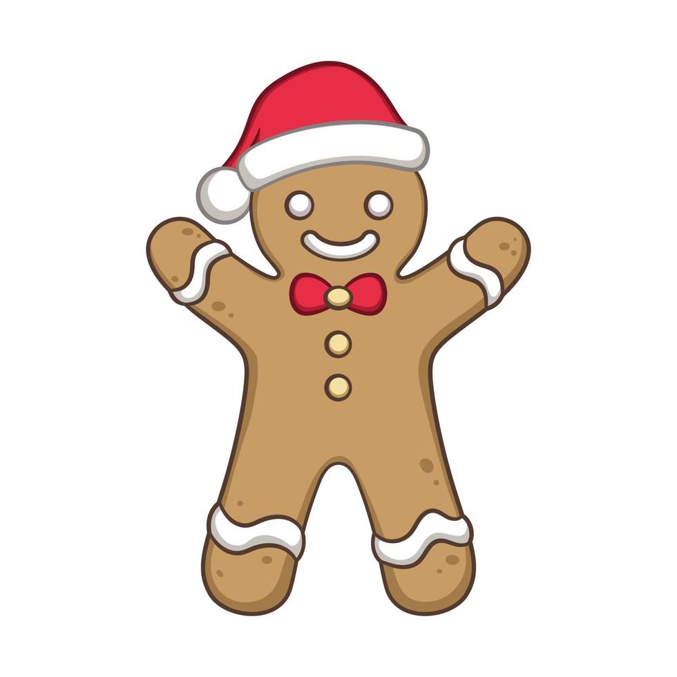 Cute gingerbread man with a bow tie and Santa hat cartoon illustration. Winter Christmas celebration theme clip art. vector