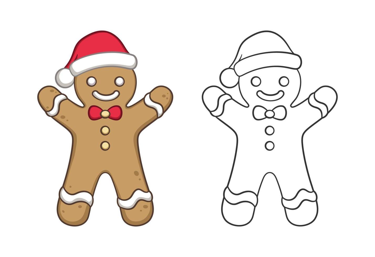 Cute gingerbread man with a bow tie and Santa hat outline and colored doodle cartoon illustration set. Winter Christmas theme coloring book page activity for kids and adults. vector