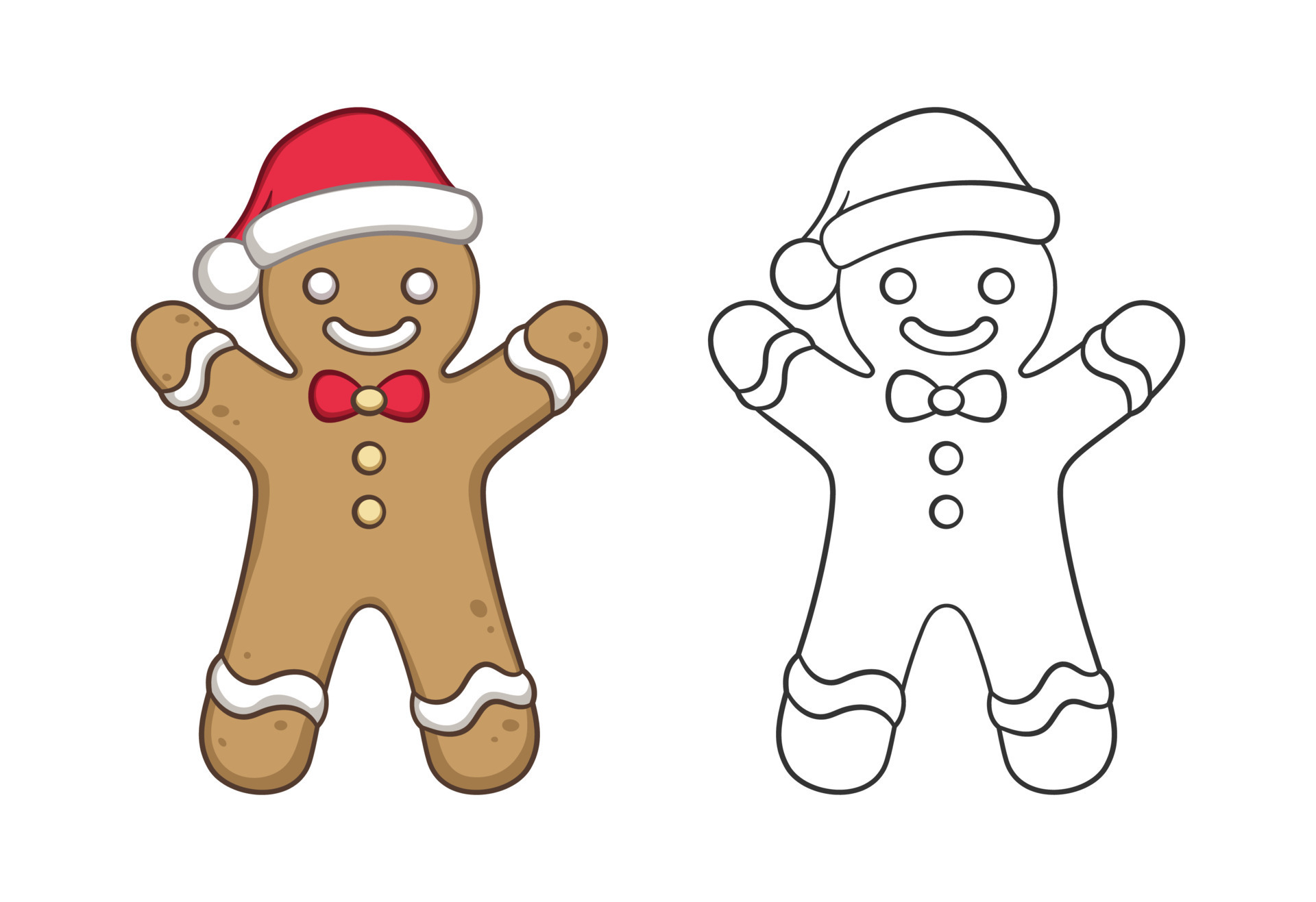 Cute gingerbread man with a bow tie and Santa hat outline and colored  doodle cartoon illustration set. Winter Christmas theme coloring book page  activity for kids and adults. 11894529 Vector Art at
