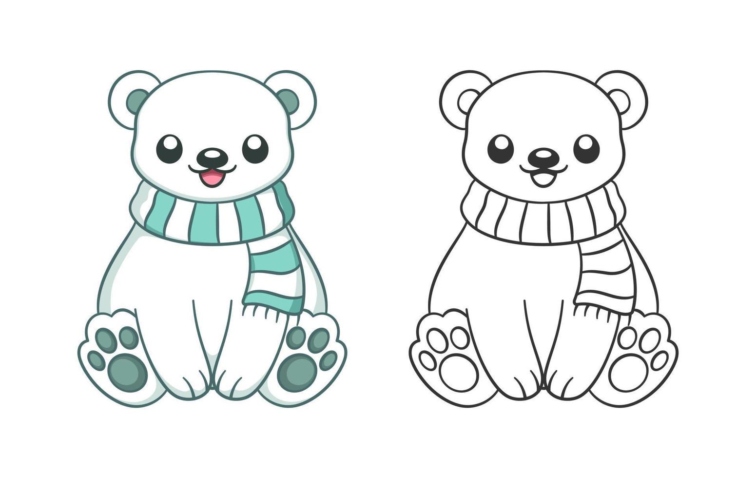 Cute chibi snow polar bear wearing a scarf outline and colored doodle cartoon illustration set. Winter Christmas theme coloring book page activity for kids and adults. vector