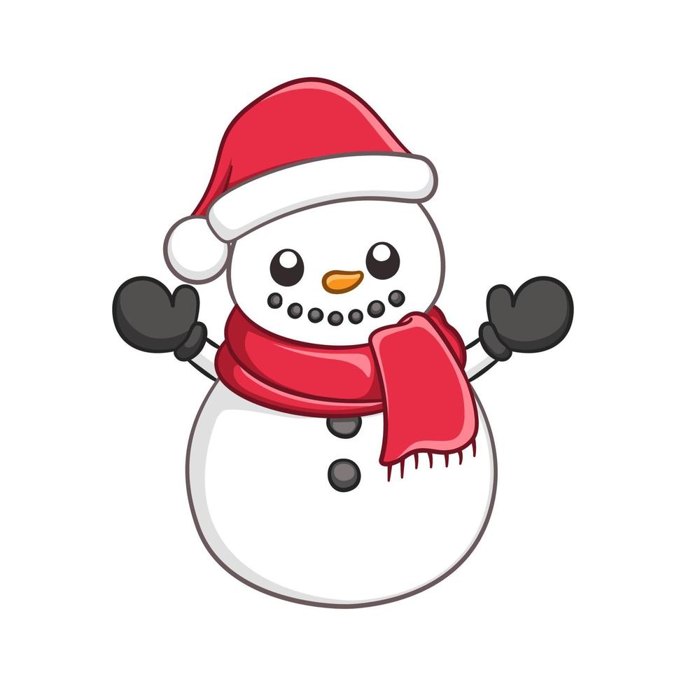 lindo hombre de nieve con un sombrero de santa y una ilustración de dibujos animados de bufanda. Prediseñadas de tema de Navidad de invierno. vector