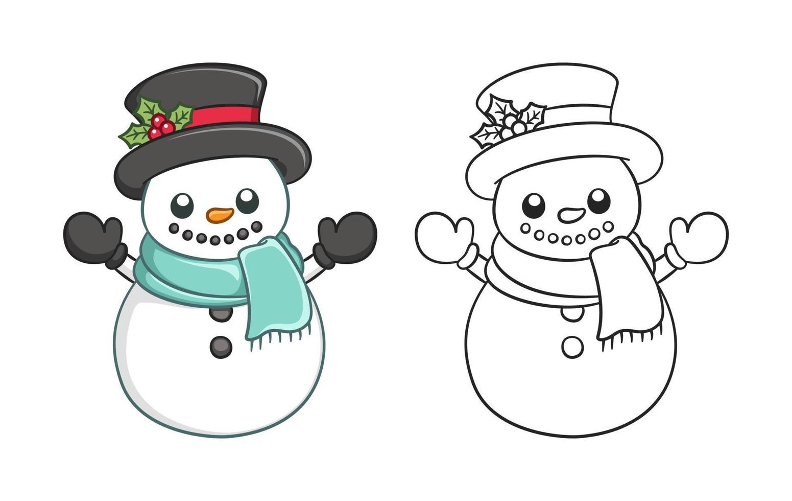 Cute snow man wearing a top hat with mistletoe and scarf outline and colored doodle cartoon illustration set. Winter Christmas theme coloring book page activity for kids and adults. vector