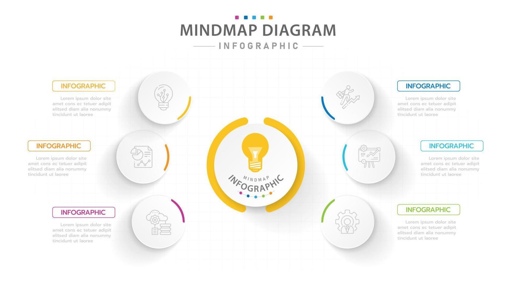 Infographic template for business. 6 Steps Modern Mindmap diagram with circles and topic titles, presentation vector infographic.