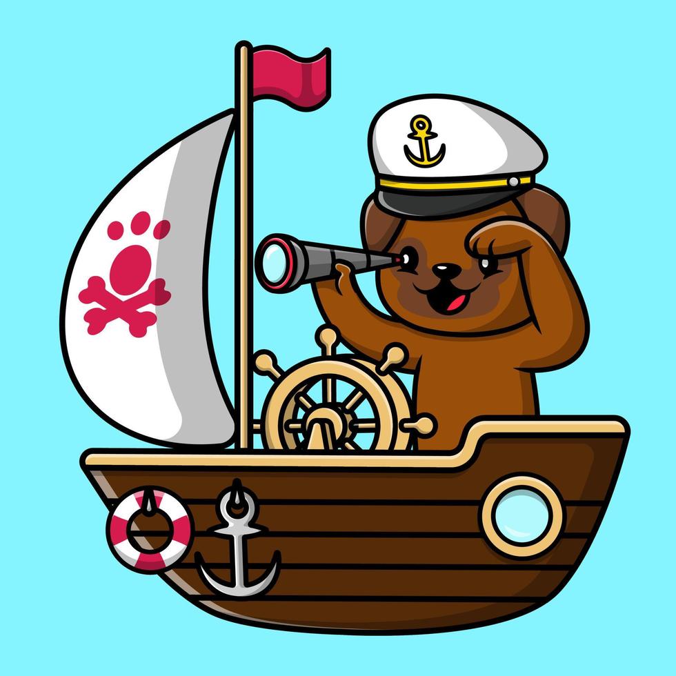 Cute Pug Dog Binocular On Boat Cartoon Cartoon Vector Icon Illustration. Flat Cartoon Concept.