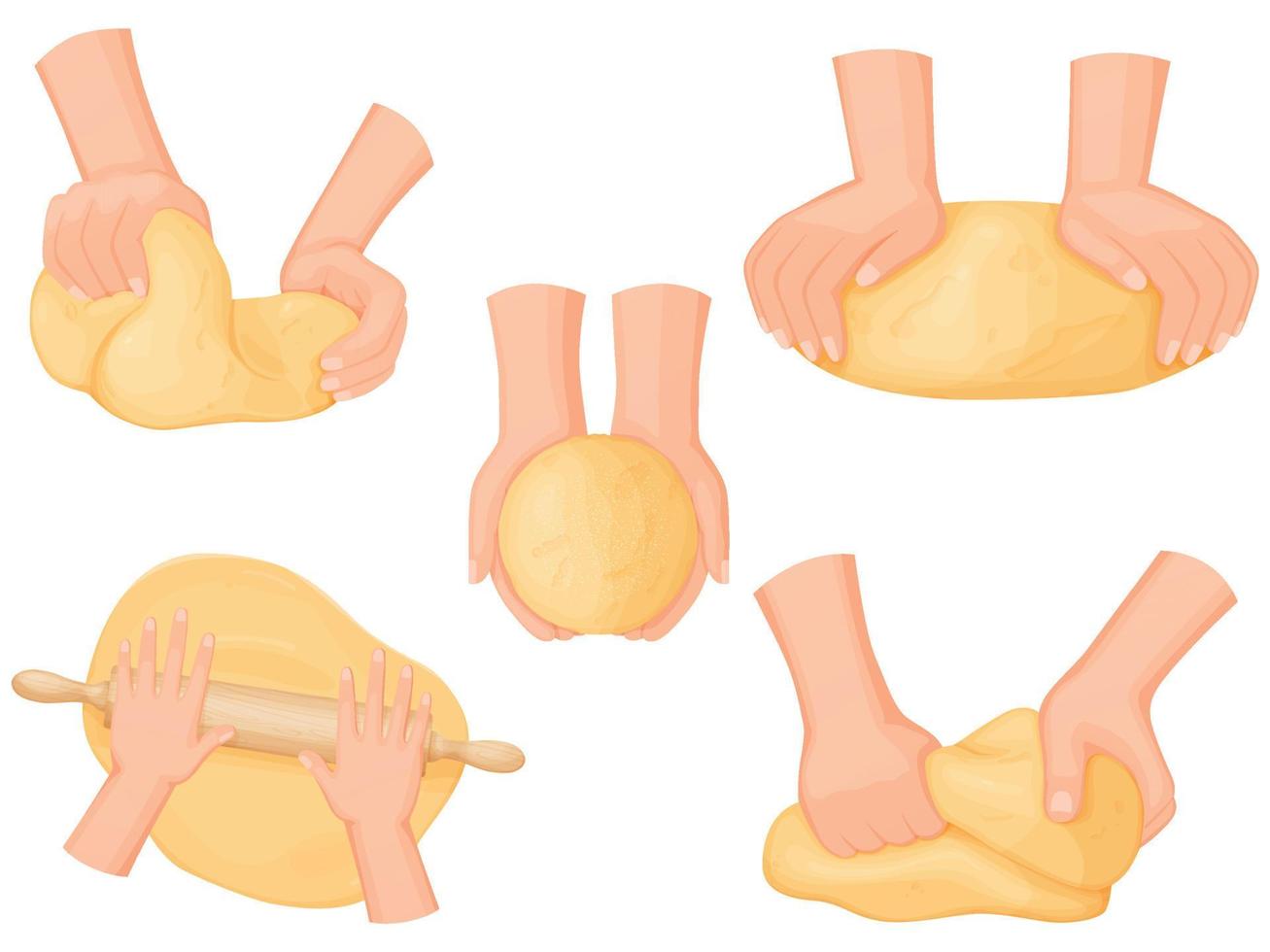 Kneading dough hands set. Rolled out dough for baking, pizza, cookie, biscuit, bread. vector