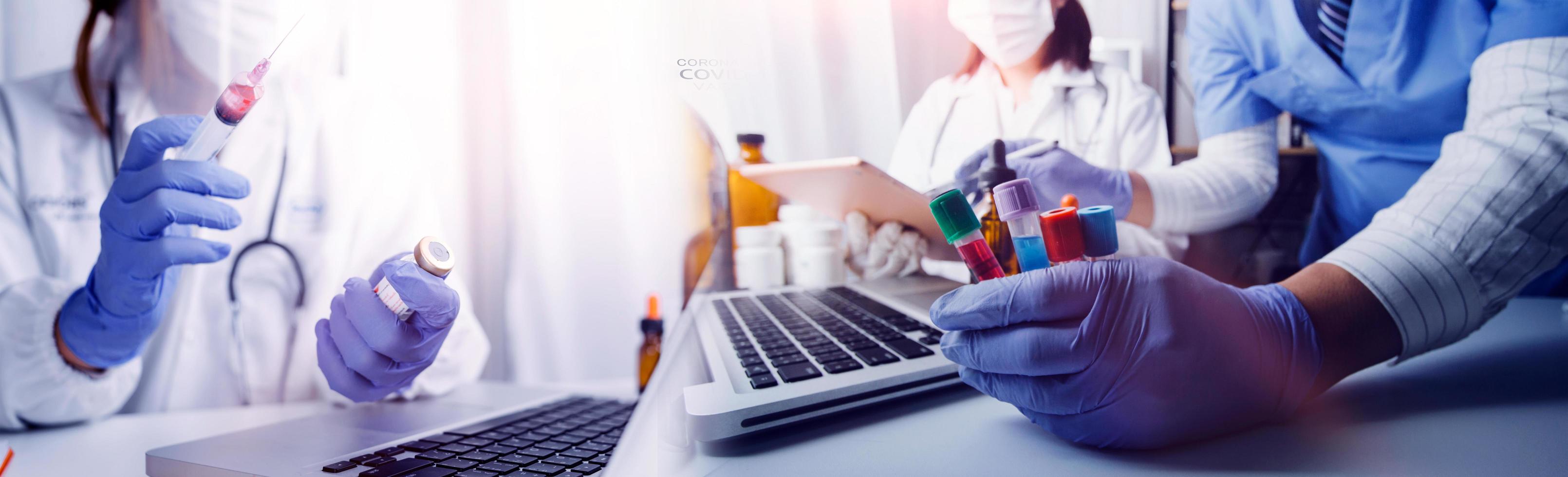 Medicine doctor hand working on a patients x-ray scans digital healthcare and connection with modern virtual screen interface icons, Medical technology and network concept. photo