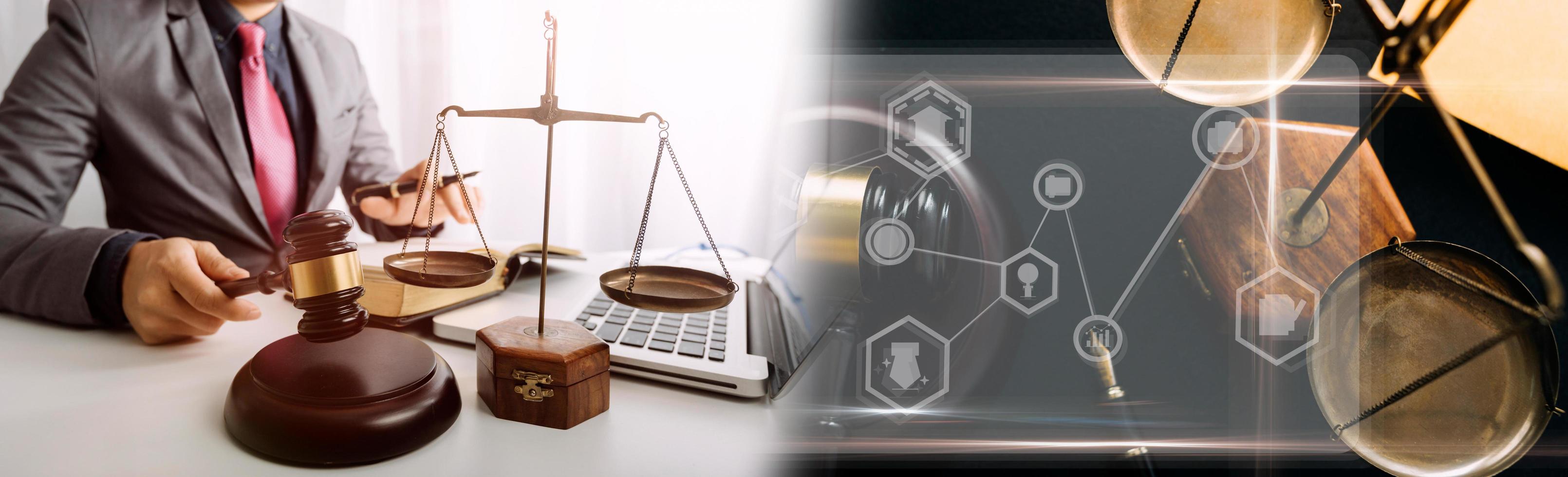 Business and lawyers discussing contract papers with brass scale on desk in office. Law, legal services, advice, justice and law concept picture with film grain effect photo