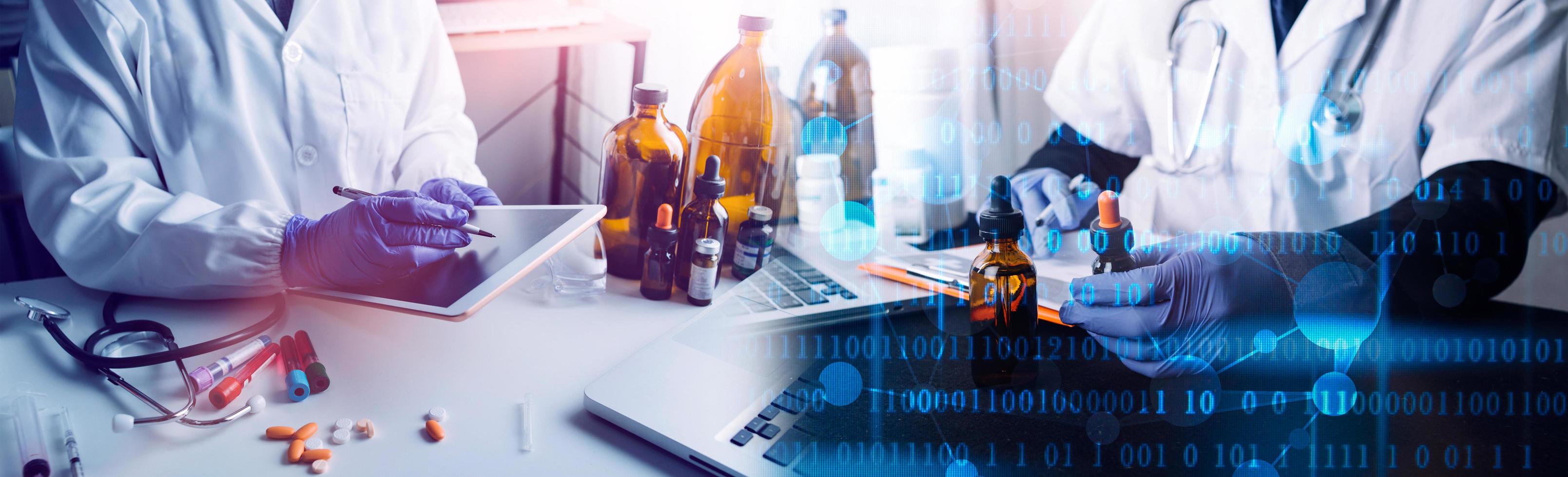 Medicine doctor hand working on a patients x-ray scans digital healthcare and connection with modern virtual screen interface icons, Medical technology and network concept. photo