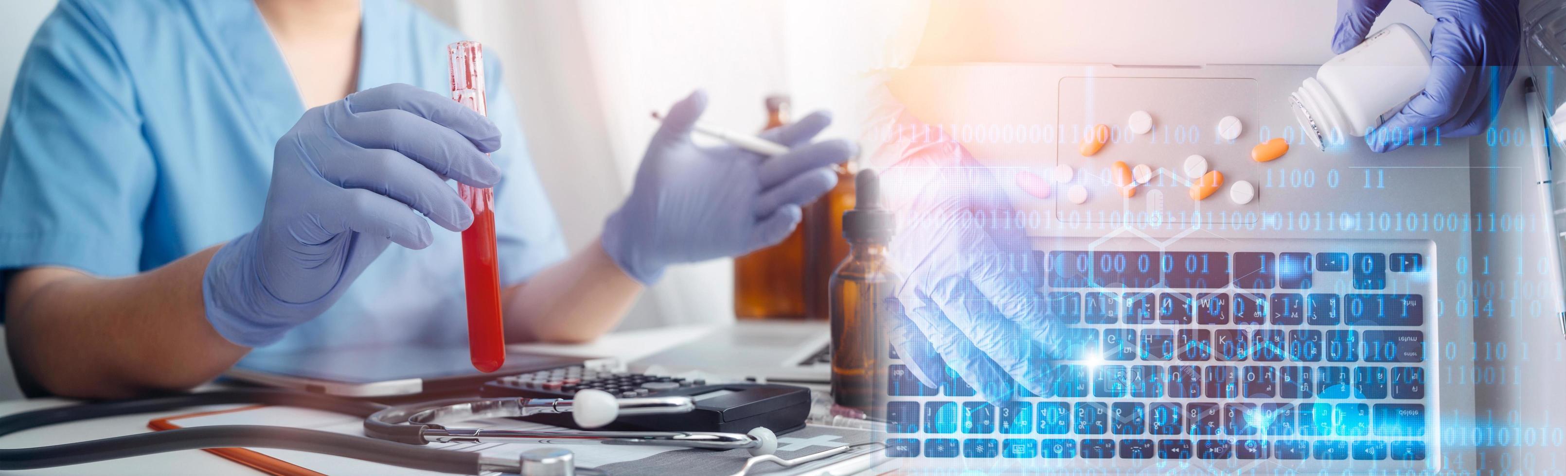 Medicine doctor hand working on a patients x-ray scans digital healthcare and connection with modern virtual screen interface icons, Medical technology and network concept. photo