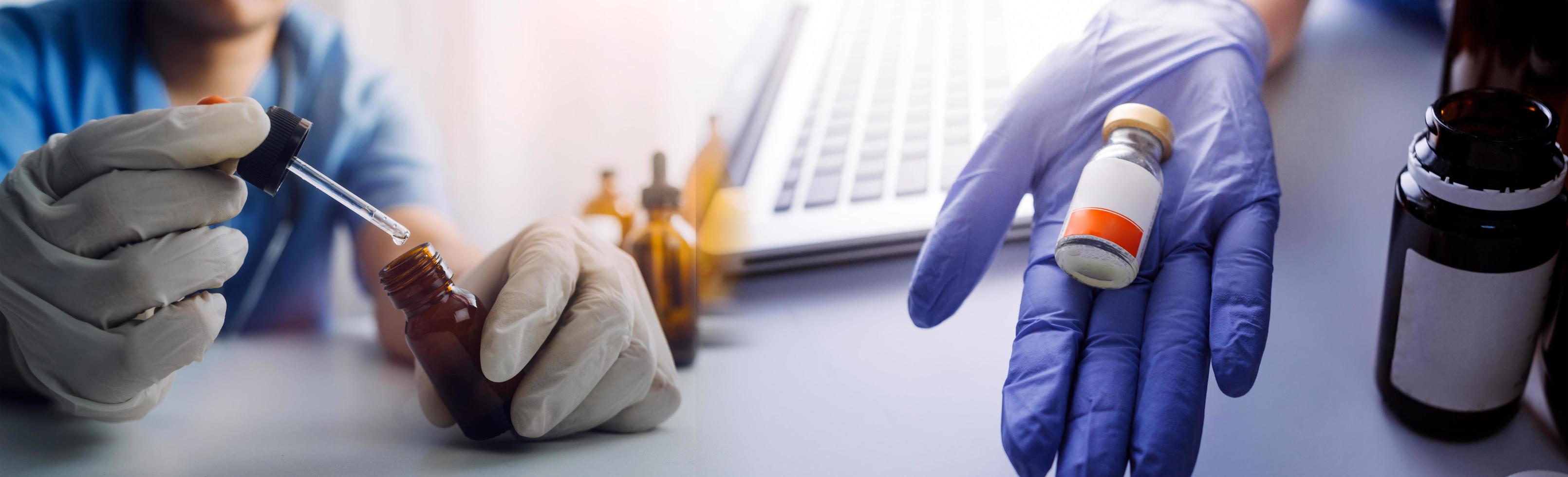 Medicine doctor hand working on a patients x-ray scans digital healthcare and connection with modern virtual screen interface icons, Medical technology and network concept. photo