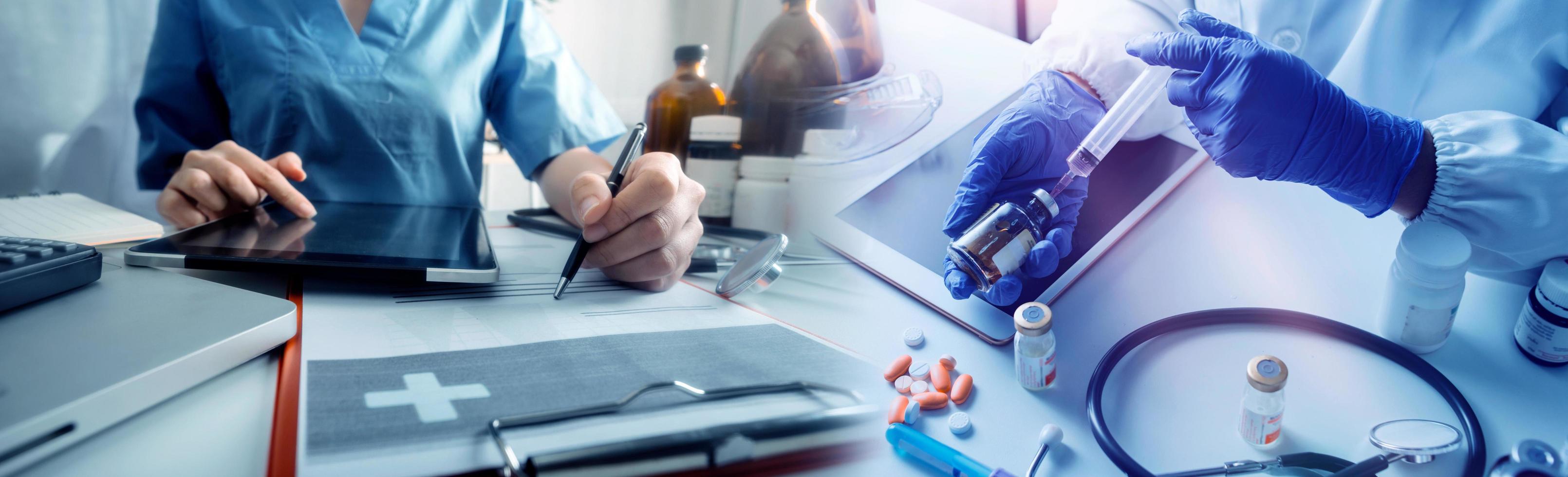 Medicine doctor hand working on a patients x-ray scans digital healthcare and connection with modern virtual screen interface icons, Medical technology and network concept. photo