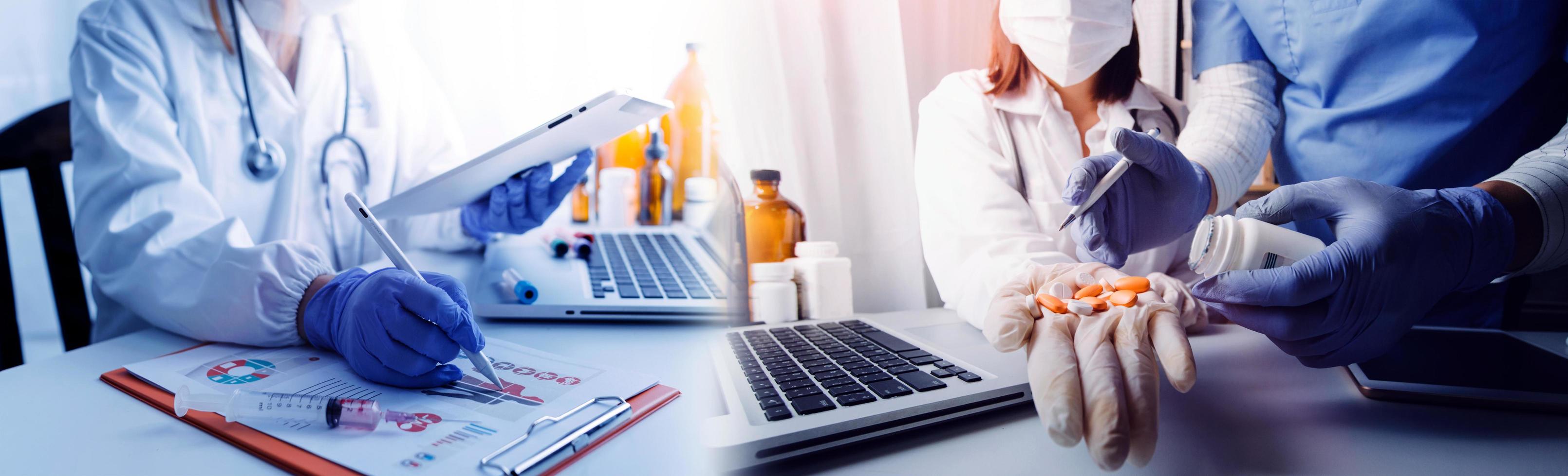 Medicine doctor hand working on a patients x-ray scans digital healthcare and connection with modern virtual screen interface icons, Medical technology and network concept. photo
