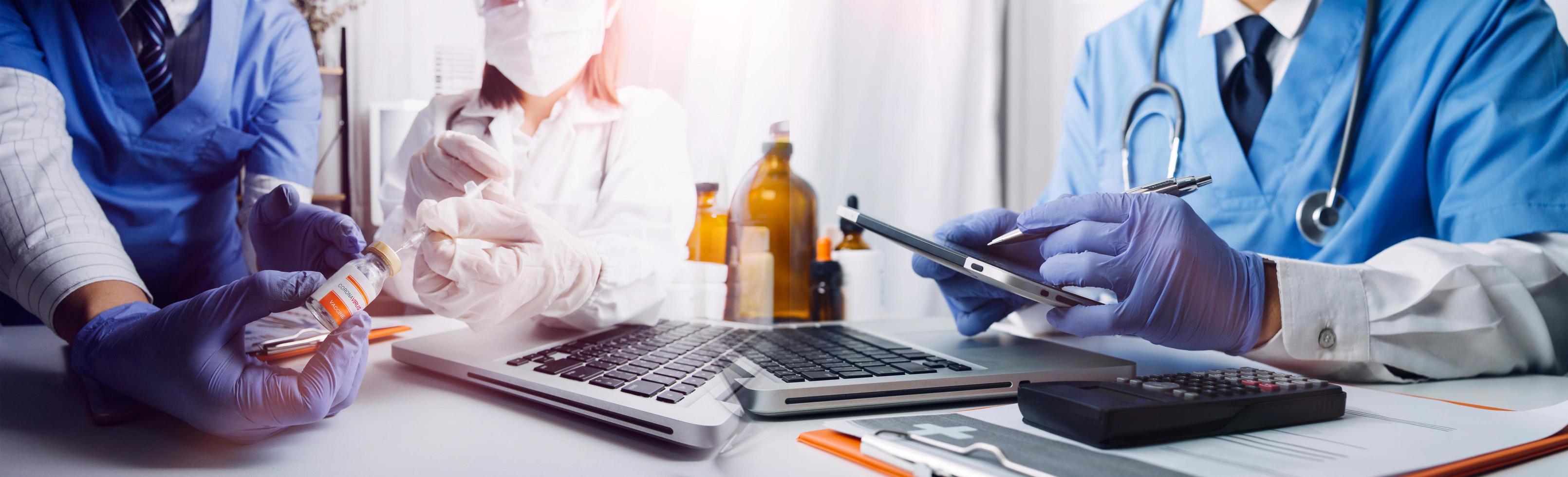 Medicine doctor hand working on a patients x-ray scans digital healthcare and connection with modern virtual screen interface icons, Medical technology and network concept. photo