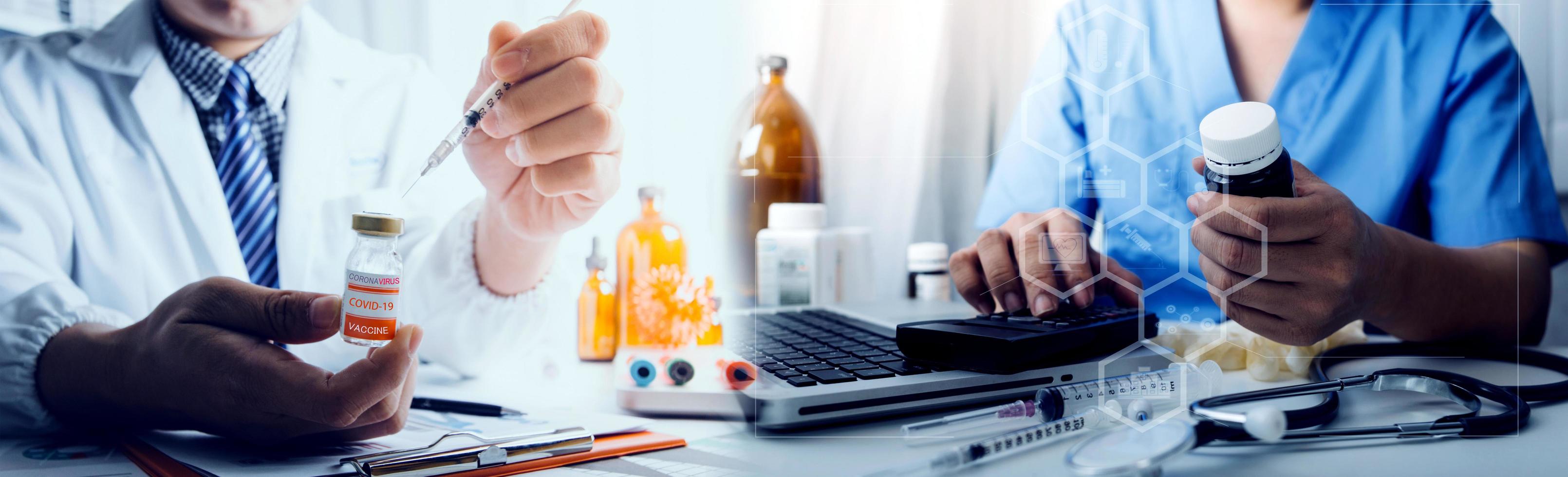 Medicine doctor hand working on a patients x-ray scans digital healthcare and connection with modern virtual screen interface icons, Medical technology and network concept. photo