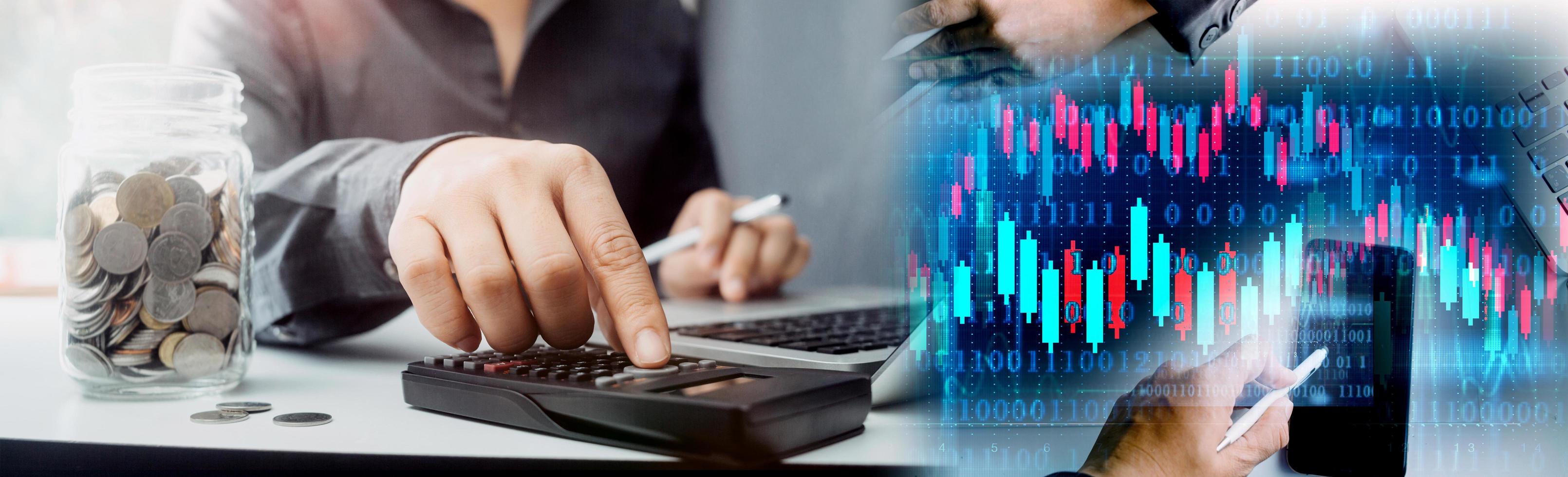 Business accounting concept, Business man using calculator with computer laptop, budget and loan paper in office. photo