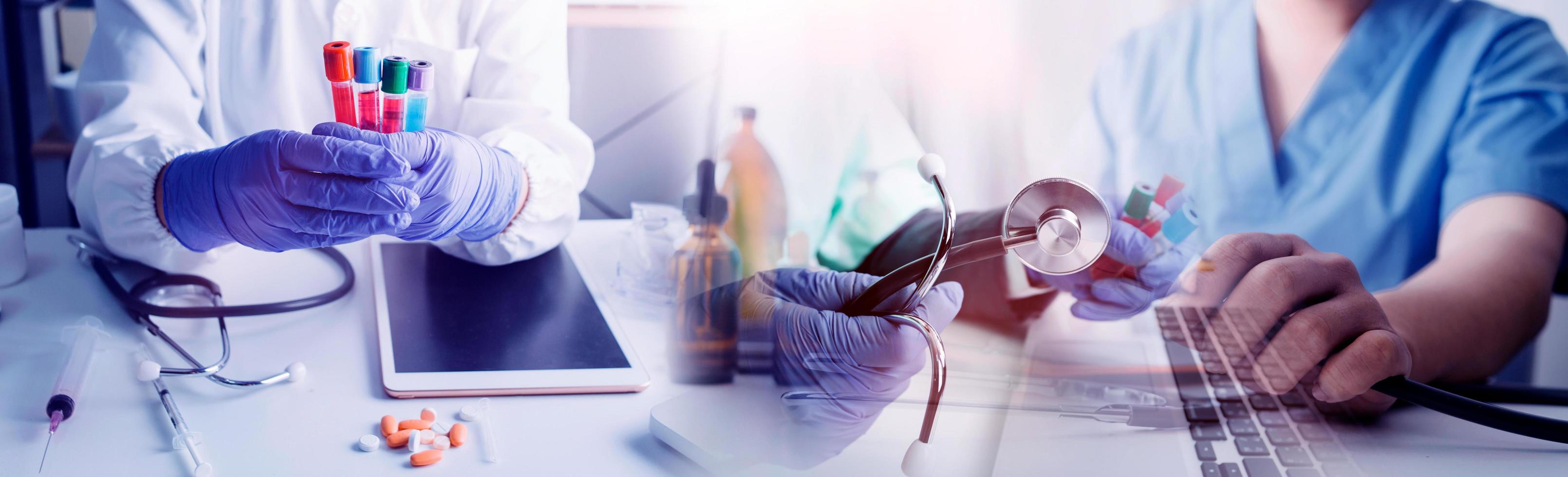 Medicine doctor hand working on a patients x-ray scans digital healthcare and connection with modern virtual screen interface icons, Medical technology and network concept. photo