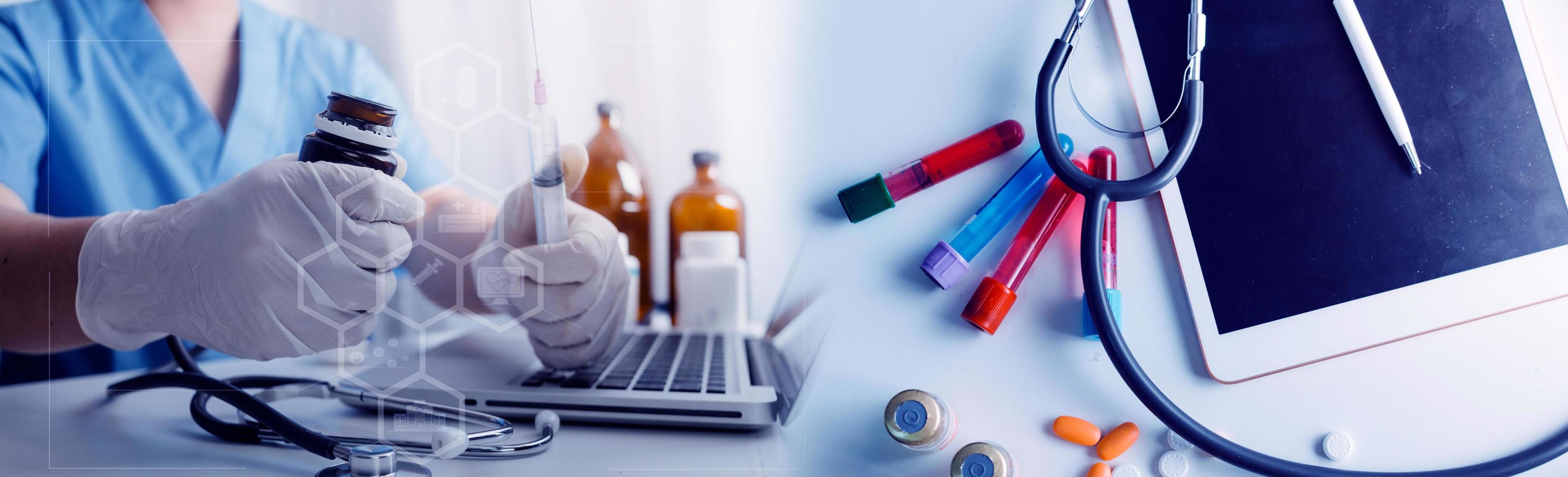 Medicine doctor hand working on a patients x-ray scans digital healthcare and connection with modern virtual screen interface icons, Medical technology and network concept. photo