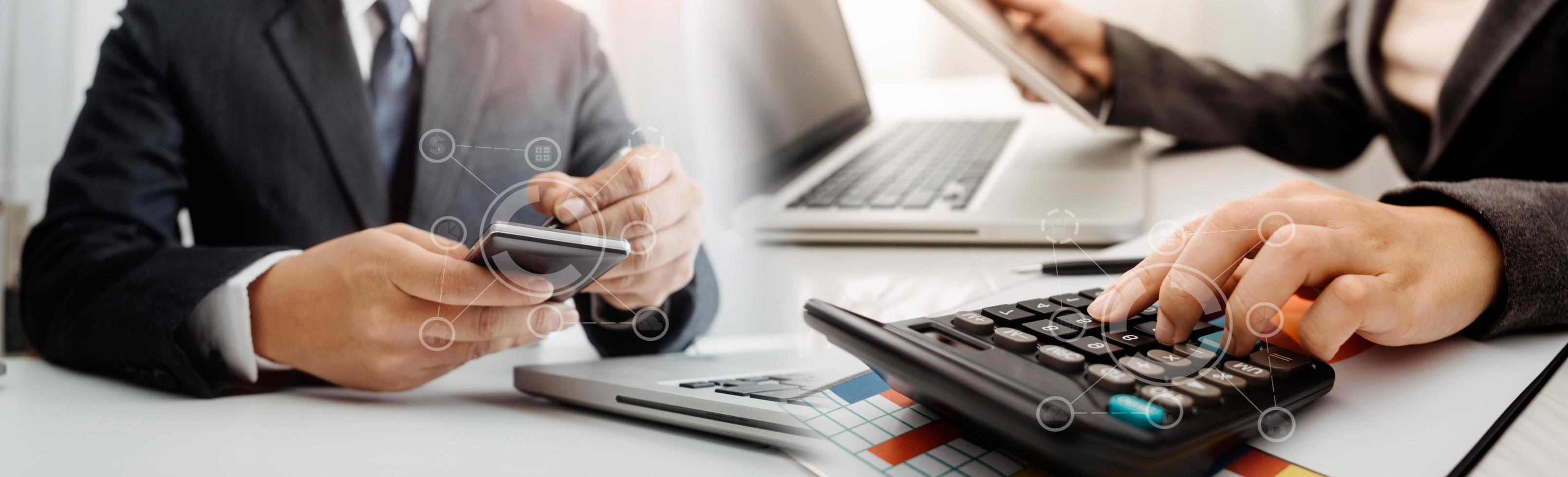 Business accounting concept, Business man using calculator with computer laptop, budget and loan paper in office. photo