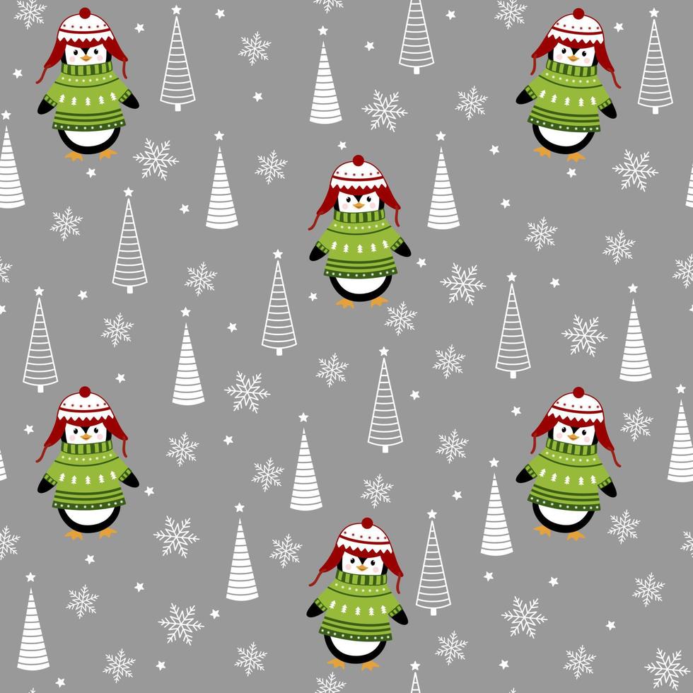 Christmas vector seamless pattern with cute little penguins on grey background. Christmas wrapping paper for children