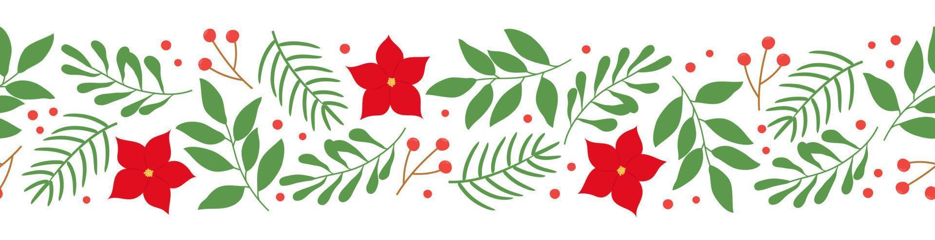Seamless border with winter twigs and poinsettia flowers on white background. Template for winter Christmas design. vector