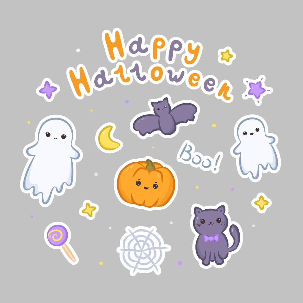 Set of kawaii Halloween stickers. Collection of cute kawaii ghosts, pumpkin, cat, bat, Happy Halloween, Boo, web and sweets. Vector illustration