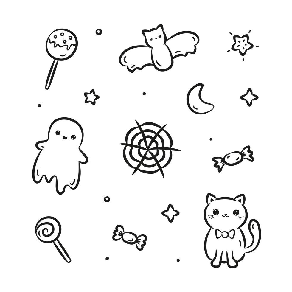 Set of kawaii hand drawn Halloween doodles. Collection of cute kawaii ghost, cat, bat, spider web and sweets in black linear drawing style. Vector illustration