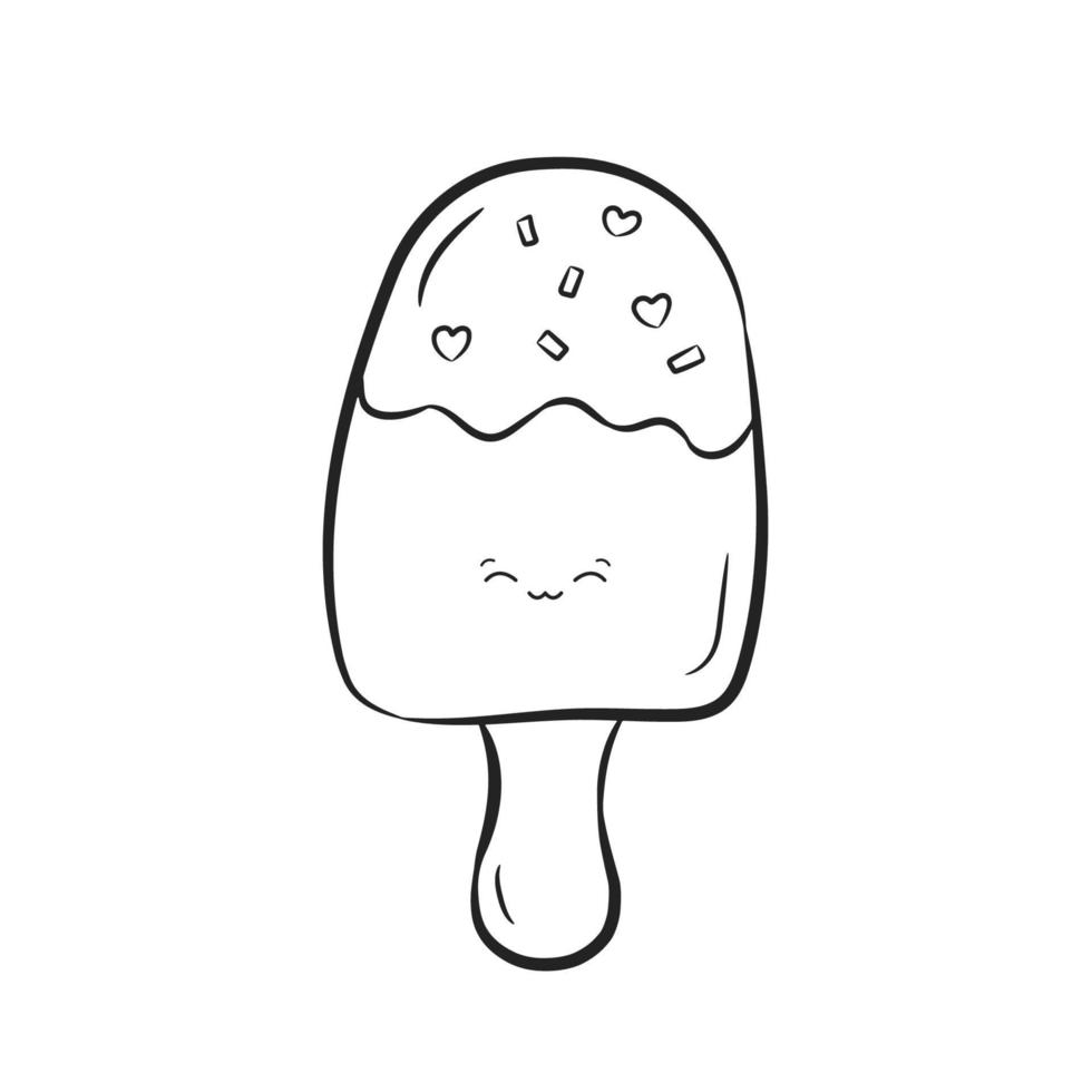 Cute popsicle isolated on white background. Ice cream with happy kawaii face in doodle style. Coloring book. Vector Illustration