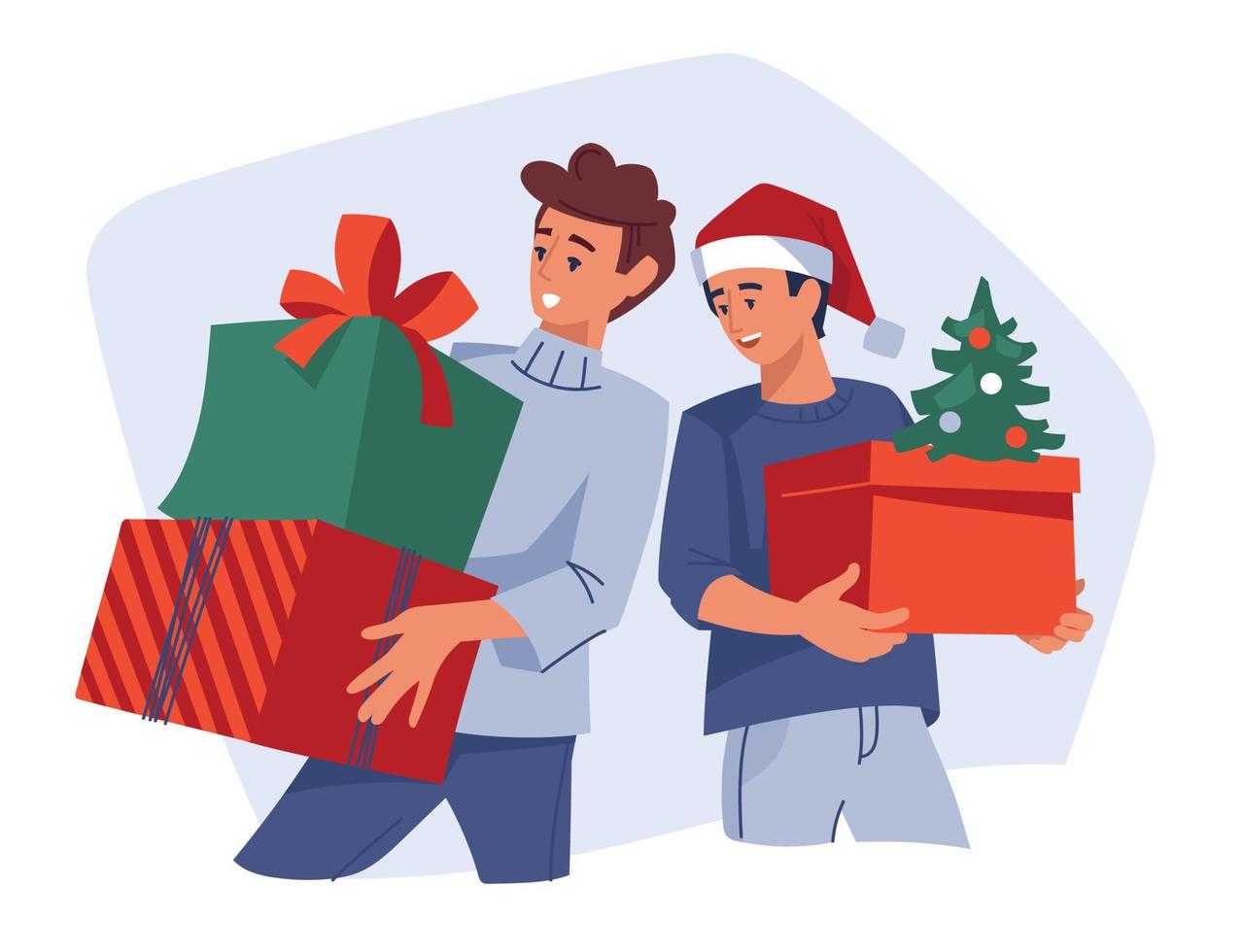 People with gifts. Preparing for the new year, Christmas. Vector image.