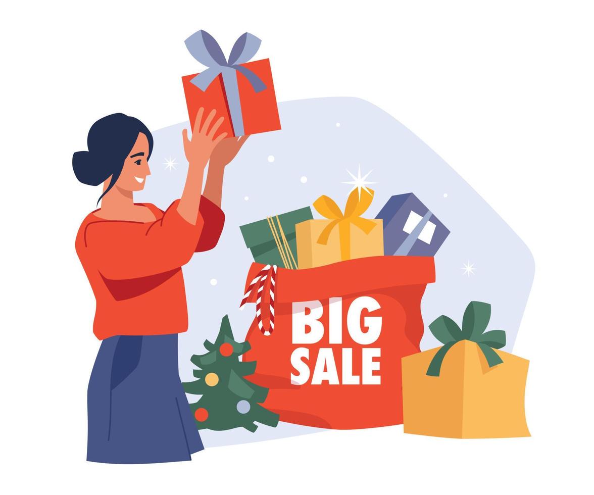 People with gifts. Girl with a gift box. Christmas sale. Preparing for Christmas. Vector image.