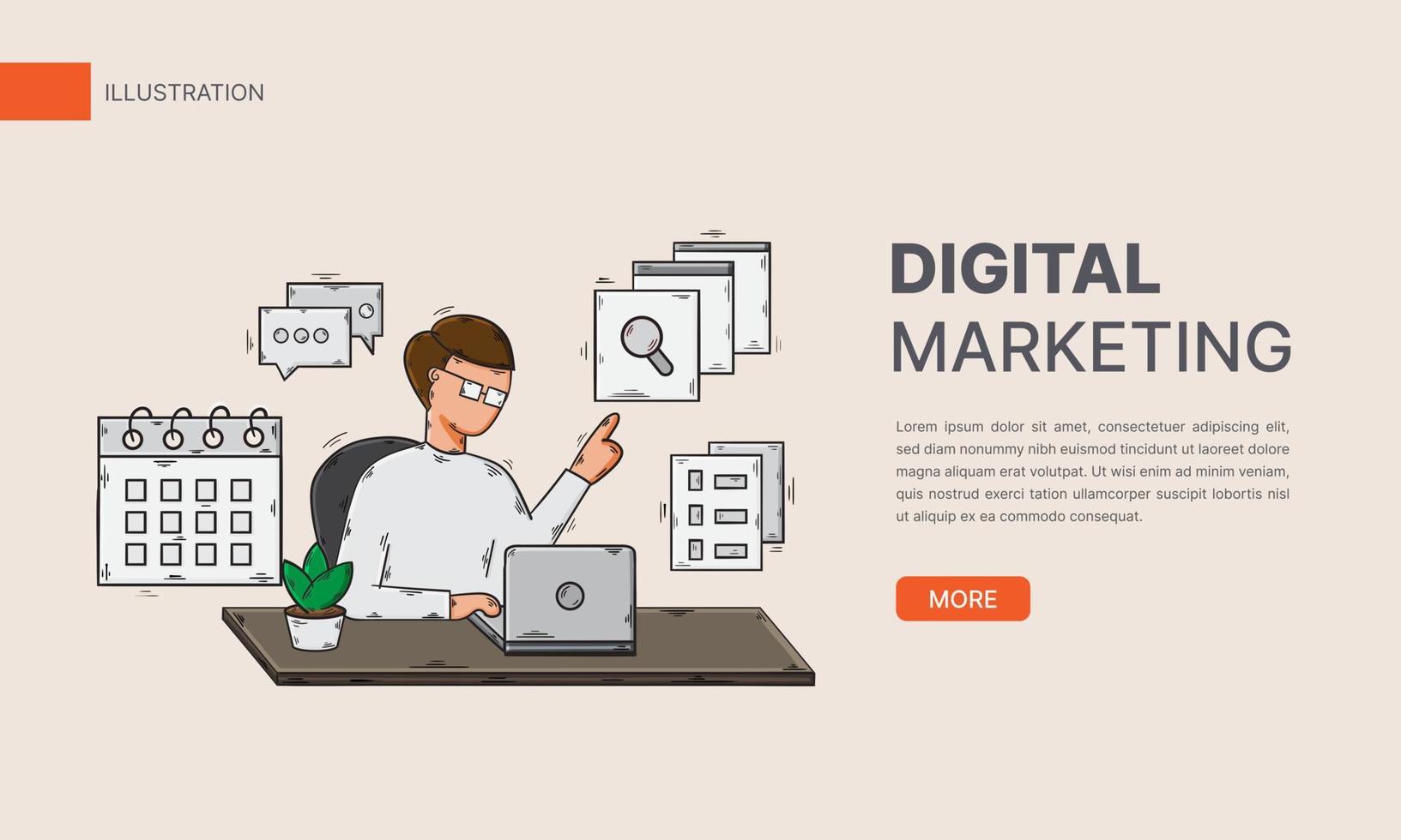 Digital marketing concept hand drawn flat illustration or man with laptop using tools and services for business vector